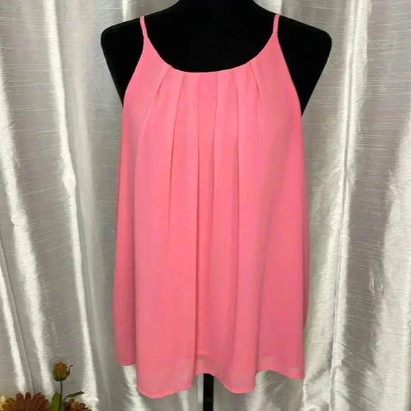 DNA Couture Women’s Large Pink Lined Spaghetti Strap Pleated Semi Sheer Blouse - Picture 1 of 8